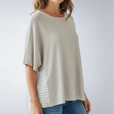 Chico's 2 L Large Sweater Top Beige Shimmer Linen Blend Striped Sides - Image 1 of 4