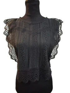 ChicWish Damen Bluse Größe Large schwarz Spitze Rundhals Schlüsselloch Knopf ärmellos - Bild 1 von 10