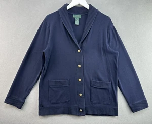 Lauren Ralph Lauren Cardigan Large Sweater Navy Shawl Collar Ribbed Gold Buttons - Picture 1 of 8