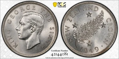 Nueva Zelanda, 1949 Corona Jorge VI. PCGS MS 65. 200.000 Vintage. Foto 1 de 4