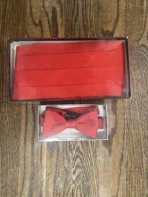 Vintage Red Satin Cummerbund and Bow Tie Set 100% Polyester Formal Prom Wedding - Image 1 of 4