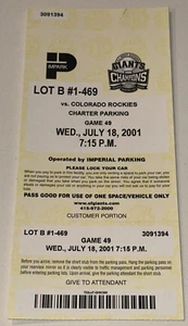 Giants Rockies Charter Parking Pass MLB Ticket Stub Barry Bonds x 2 HR 7/18/2001 - Picture 1 of 2