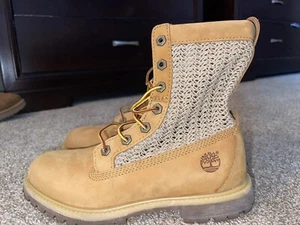 Timberland Crochet Woven Knit Tan Leather Boots Womens Size 7 - Picture 1 of 9