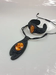Amber and Leather set black leather bracelet and necklace - Picture 1 of 8