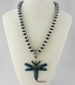 Silver Bead Necklace With Natural China Mountain Turquoise Dragonfly Pendant - Picture 1 of 4