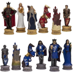 King Arthur Chessmen Set Hand Painted Marble Resin Felted King Height 3 1/8" - Picture 1 of 1