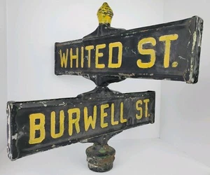 Antique Burwell & Whited Intersection Embossed Metal Street Sign Little Falls NY - Picture 1 of 12