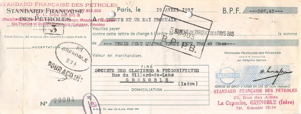 1937   STANDARD FRANCAISE DES PETROLES A PARIS - SOCIETE DES GLACIERES A GRE - Imagen 1 de 1