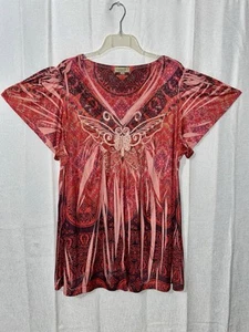 One World 2X Tunic Top Coral Pink Butterfly Rhinestone Embroidered Artsy Boho - Picture 1 of 17
