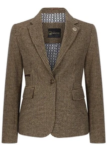 Women's Tailored Brown Dogtooth Wool Blend Classic Tweed Blazer Vintage Jacket - Picture 1 of 6