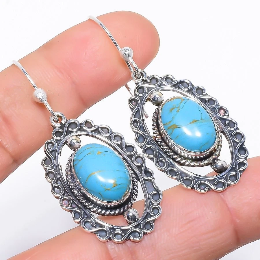 Copper Blue Turquoise Ethnic Gemstone 925 Sterling Silver Earring 2.0" G425 - Image 1 of 4