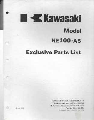 1975 ORIGINAL OEM KAWASAKI KE100-A5 MOTORCYCLE BIKE Part List Catalog Manual - Image 1 of 3