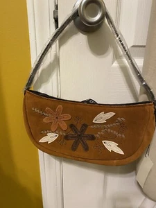 Hobo Suede Earthy  Brown Floral Shoulder Bag Purse W/Attached Coin  Purse NWOT - Picture 1 of 4