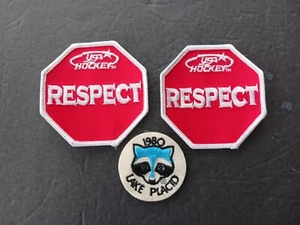 2 - USA Hockey RESPECT and 1 - 1980 Lake Placid Raccoon Mascot Sew On Patches - Picture 1 of 3