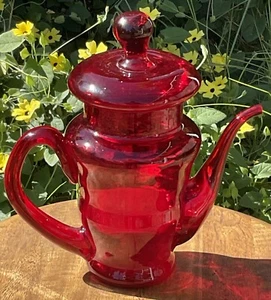 Vintage Funky Clear Ruby Red Art Glass Hand Blown Teapot with Lid - Picture 1 of 20
