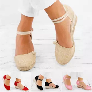 Mujeres Damas Retro Lino Lona Cuña Punta Redonda Informales Sandalias ¡Zapatos individuales! - Imagen 1 de 36