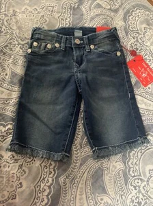 True Religion Denim Shorts Boys 6 Blue Red Geno Cut Off Cotton Blend Distressed - Picture 1 of 5