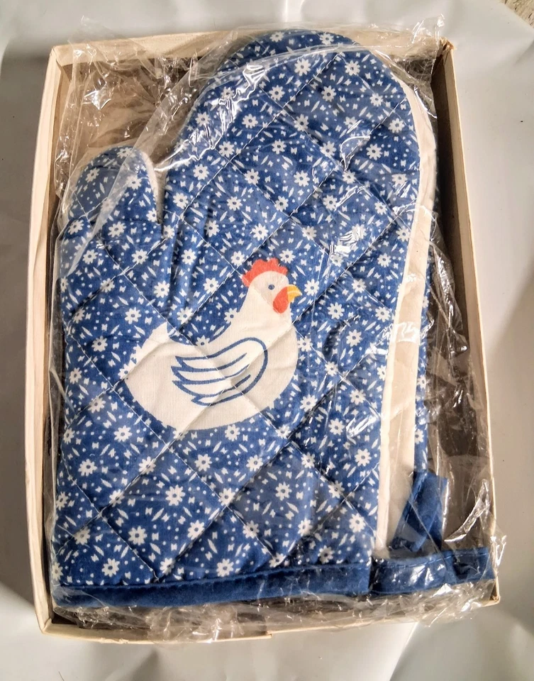 Guante de horno de pollo azul McCrory vintage acolchado floral granja cocina de campo Foto 1 de 1