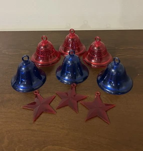 Lot Vintage Irwin Red & Blue Plastic Bells & Stars Christmas Ornaments - Picture 1 of 11
