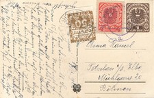 457017) Tschechoslowakei Portomarke Nr. 8 auf AK aus Österreich m. blauem K2