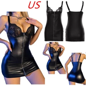 Womens Mini Dresses With Thongs Black Wet Look Lingerie Zip Set Sexy Clubwear - Picture 1 of 22