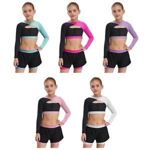 Kids Girls Suit Shirts Outfit Crop Top Set Running Cutout Back Color Block Gym - Picture 1 of 31