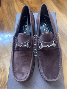 Gucci Loafers Shoes Suede Brown Silver Horsebit Buckle Mens size 8 D - Picture 1 of 8