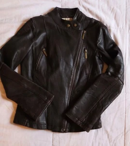 Vintage 2000s Michael Kors Brown Leather Moto Jacket Zip Front - Picture 1 of 10