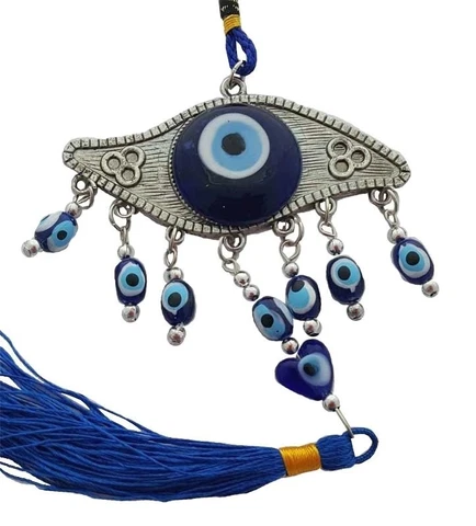 Eye Shaped Evil Eye Beaded Wall Hanging 9" Length Pewter & Blue Glass Decor Cover