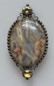 Sajen Sterling Silver Crazy Lace Agate & Citrine Brooch Pendant - Picture 1 of 4