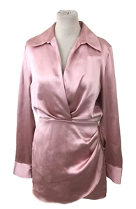 Zara Women's Dress Size S Pink Satin Wrap Front Collar Pleats L/Sleeve Used F1 - Picture 1 of 13