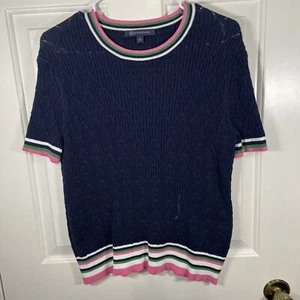 Brooks Brothers Cable Knit T-Shirt Wmn Sz Large Striped Hem Tennis Prep Yacht - Picture 1 of 7