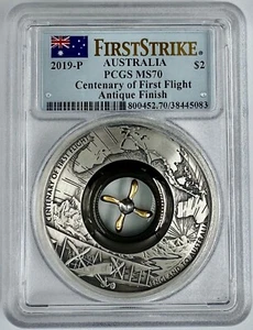 Moneta Argento 2 Oz 2019 P $2 Australia Centenario del Primo Volo MS70 Primo Colpo - Foto 1 di 2