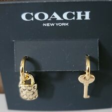 COACH Signature PADLOCK & KEY Gold Tone Brass Enamel Mismatched Dangle Earrings