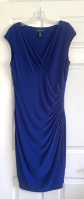 Lauren Ralph Lauren Faux Wrap Dress Womens 14 Royal Blue Sleeveless Knee Length - Image 1 of 4