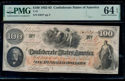 AC T-41 $100 1862 Confederate Currency CSA PMG 64 EPQ slaves hoeing cotton - Image 1 of 2