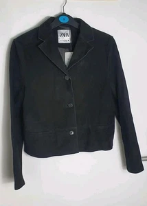 Zara 100% Leather Cropped Suede Jacket Black Size XS ZW COLLECTION - Picture 1 of 8