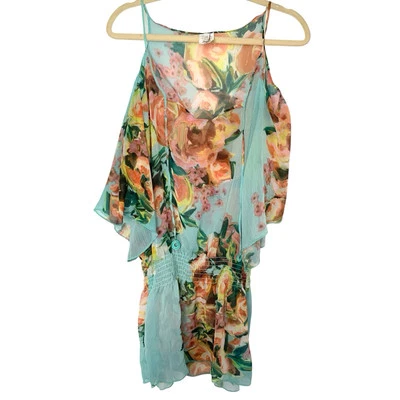 Becca Cover-Up Turquoise Floral Print High Tea Cold Shoulder XS Swim Beach - Image 1 of 4