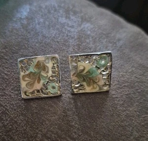 Vintage Pierced Earrings Gold Tone Multicolor Enamel Square Drop 1" - Picture 1 of 5