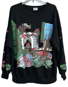 Vintage 90s Christmas Sweater Womens 2X (20W) Holiday Fireplace Novelty Festive - Picture 1 of 6