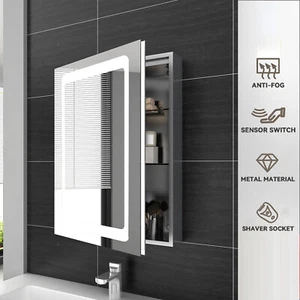 LED Bathroom Mirror Cabinet With Shaver Socket Storage/Demister Wall Mounted - Picture 1 of 11