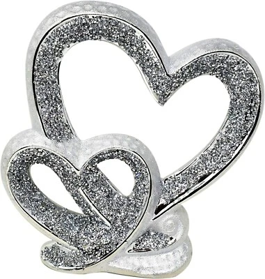 PLATA DOBLE CORAZÓN BRILLO BLING ADORNO DIAMANTE TRITURADO Foto 1 de 4