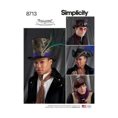 SIMPLICITY 8713 MENS ARKIVESTRY HATS Sewing Pattern TOP HAT TOPPER PIRATE PO'BOY - Image 1 of 4