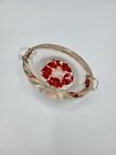 Vintage Art Glass Paperweight Ashtray/Dish  White Base Red Trumpet Flowers
