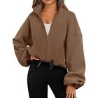 Women's Solid color Stand collar Fleece Jacket Sweatshirt Y2K Style S XXL Black