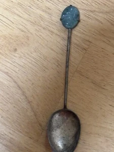 Silver Tone Antique Collector Spoon with applied Green Stone Silver ? - Picture 1 of 3