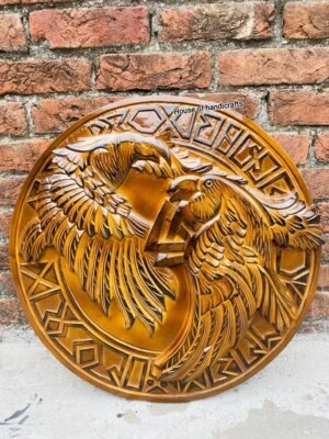 viking carved shield 30 inches handmade carved raven shield design wall decor - Image 1 of 4