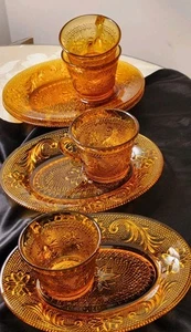 Vintage Diadem Braunglas Oval Sanck Teller & Tassen 4er Set Indiana Glas EUC - Bild 1 von 6