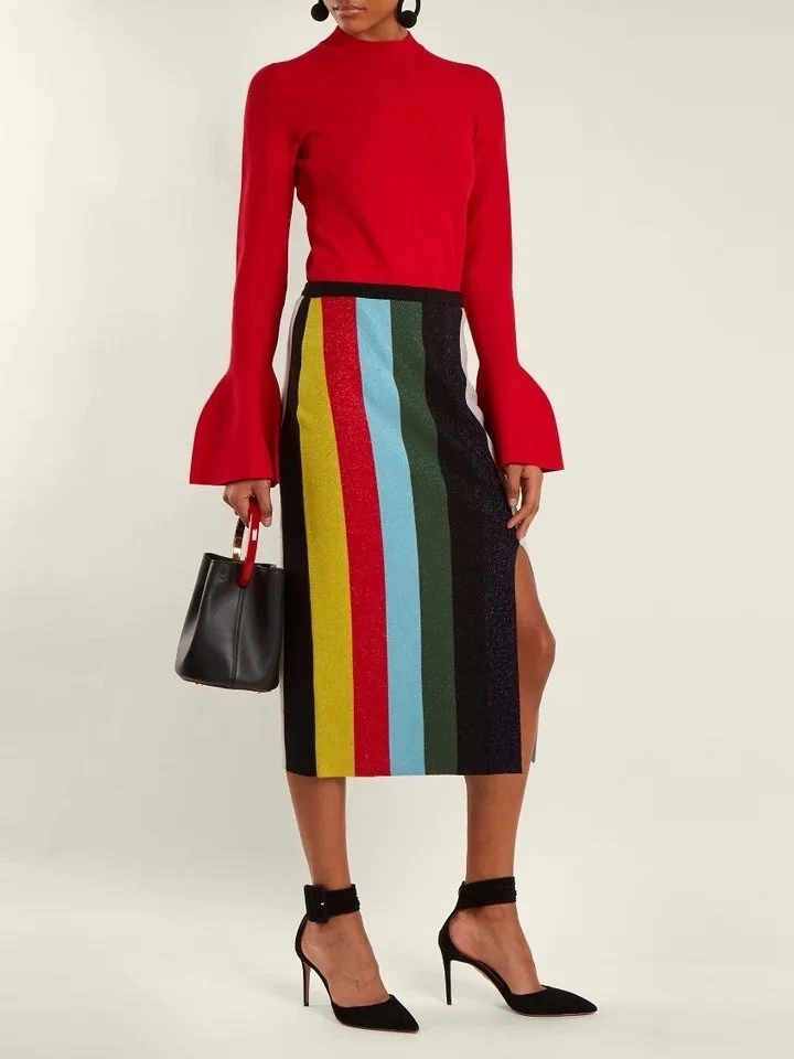 Falda midi Diane von Furstenberg metálica multicolor tejida a rayas talla L Foto 1 de 4