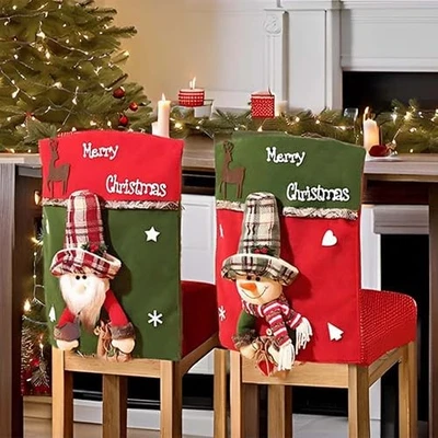 1 Set of 2 PCS Christmas Chair Covers, Cute Fuzzy Santa Claus Snowman  - Image 1 of 4